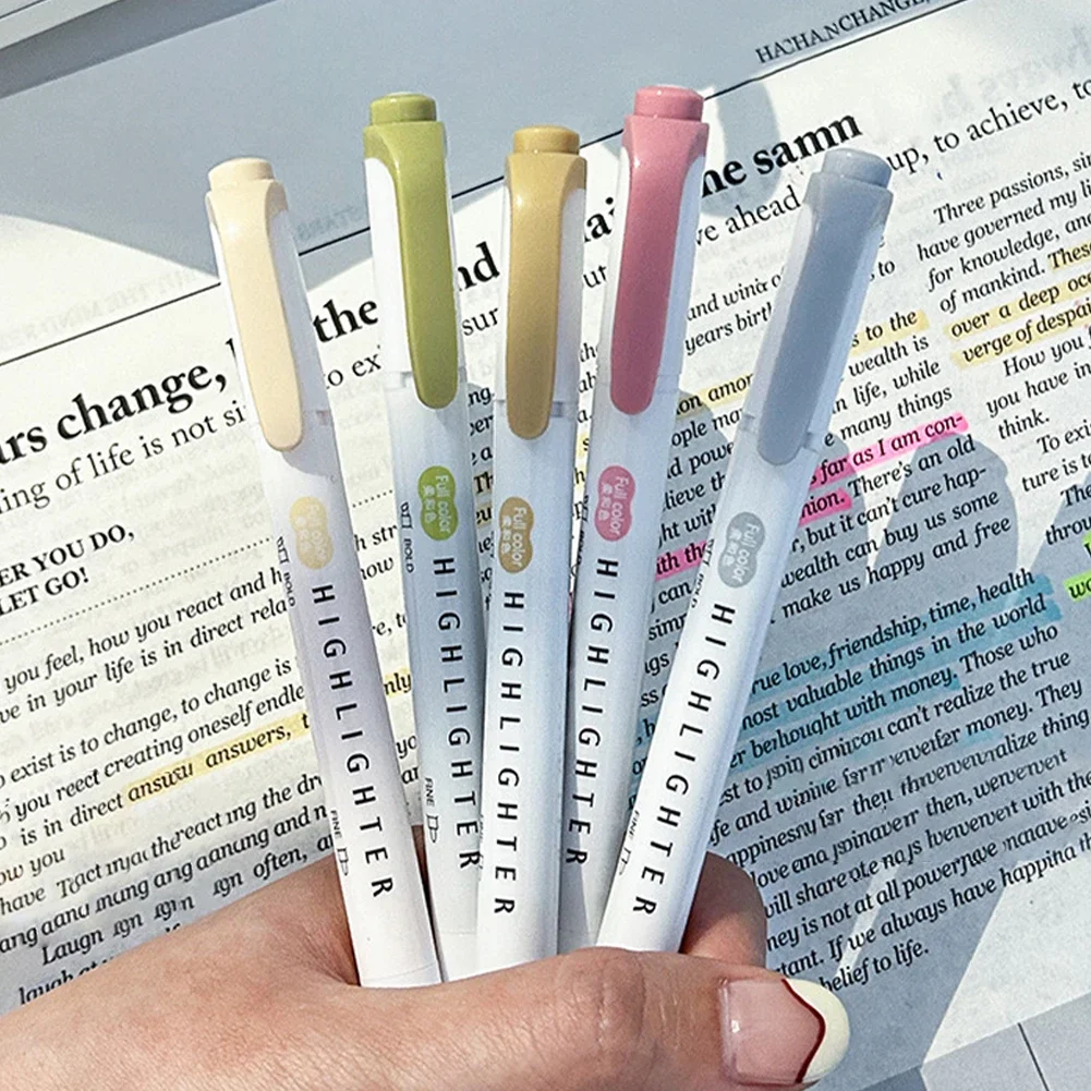 Pastel Highlighter Set Double Ended - パステルカラー蛍光ペン、デュアルチップ蛍光フックペン、カラーマークペン、ジャーナリング用のかわいいマーカー、日本の文房具、5個