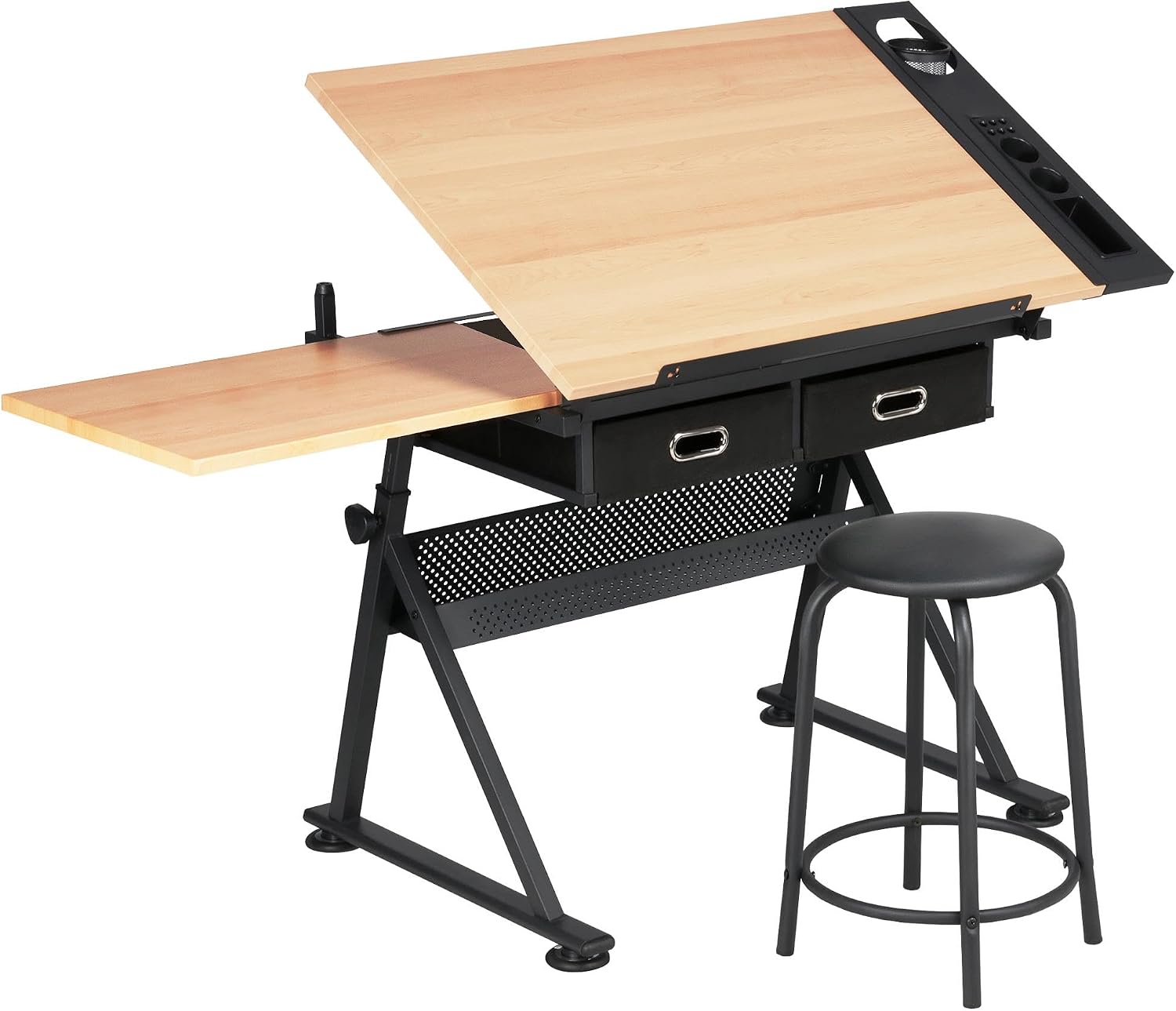 Office Furniture - 調整可能な製図台アートデスク（お揃いのスツール付き）、傾斜式製図クラフトワークステーション（収納引き出し付き）、ホームオフィススタジオ用、モダンなアーティスト家具、木目調、2点セット