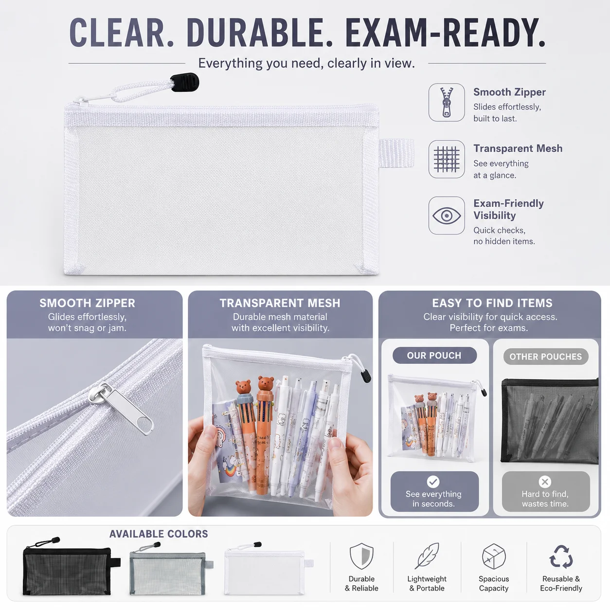 透明メッシュペンバッグ クリアジッパーペンシルケース 試験用 - Clear Mesh Pencil Pouch For Exam のレビューと価格