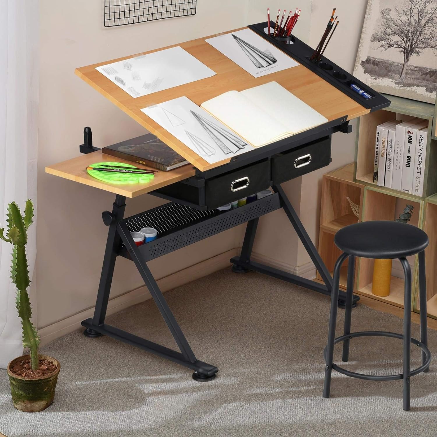 調整可能な製図台アートデスク（お揃いのスツール付き）、傾斜式 - Office Furniture のレビューと価格