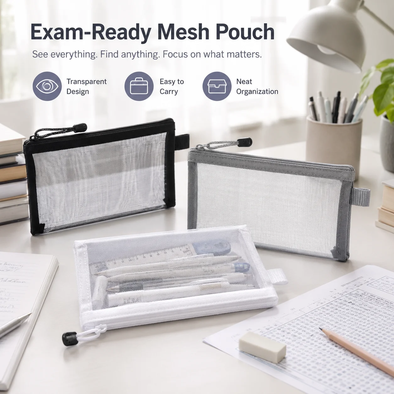 透明メッシュペンバッグ、試験用クリアペンケース、学校事務用品 - Clear Mesh Pencil Pouch For Exam のレビューと価格
